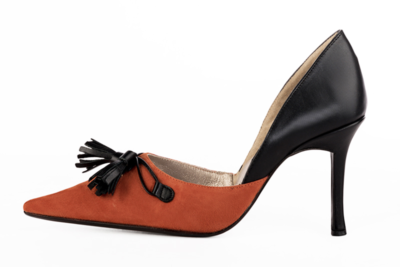 Terracotta orange and satin black women's open arch dress pumps. Pointed toe. Very high slim heel. Profile view - Florence KOOIJMAN